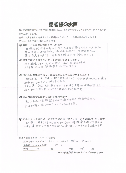 ほぼ毎日のんでいた薬の回数がどんどん減ってきました。　２５年片頭痛　神戸市東灘区　４６歳主婦