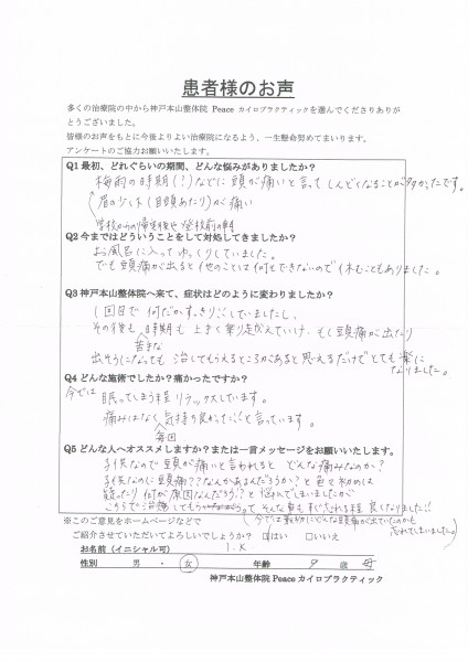 今では最初にどんな頭痛が出ていたのかも忘れてしまいました。　神戸市中央区９歳女の子（母記入）