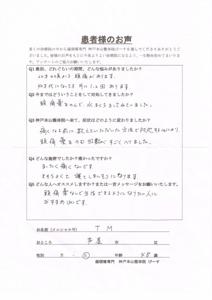 痛くなる前に教えていただいた方法で対処できるようになりました。　芦屋市48歳女性